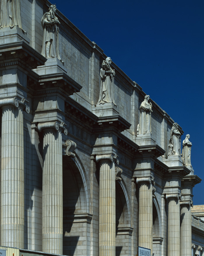Six sculptures along Union Station's portico.