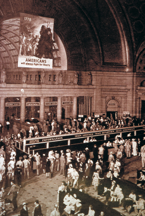 Union Station in the 1940s, filled with information clerks.
