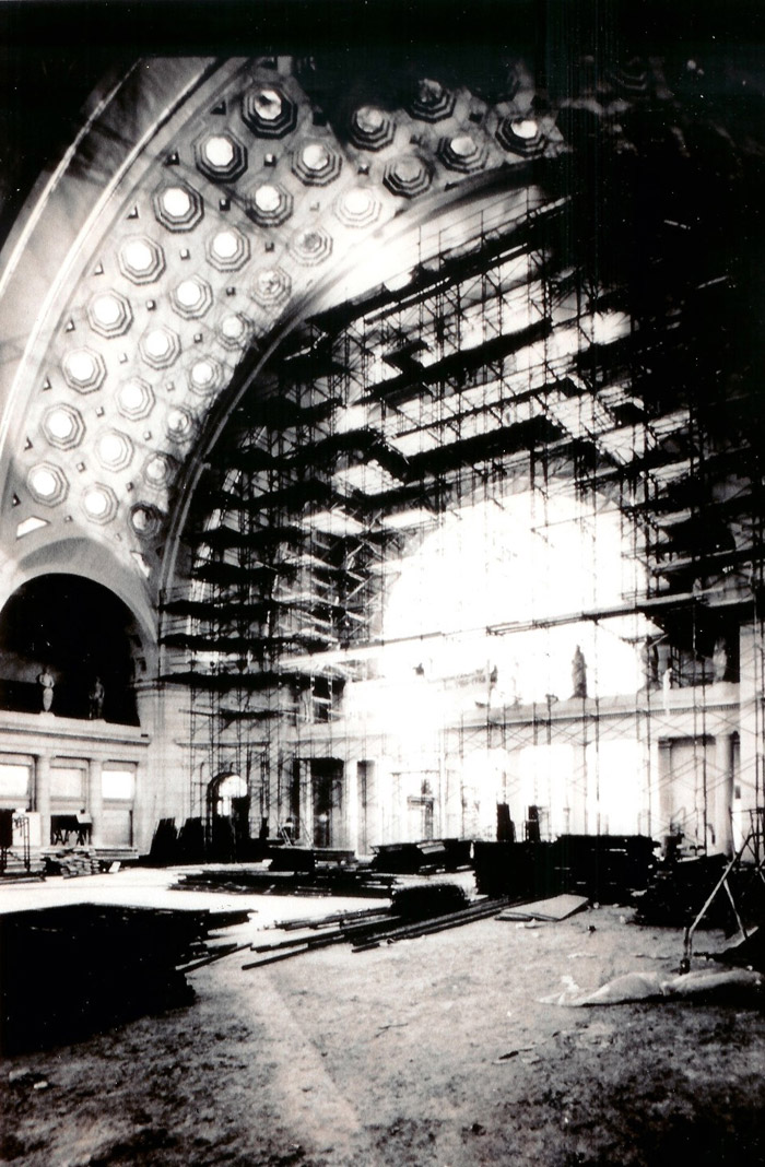 Scaffolding reaching the roof of Union Station.