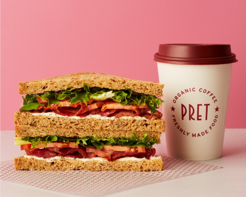 Pret a Manger wheat and salad sandwich along with coffee.